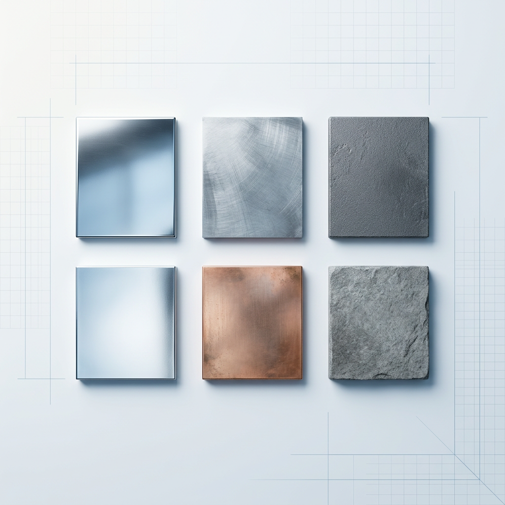 Professional flat-lay arrangement of six material samples in a grid: polished steel, brushed steel, cast iron, aluminium, copper, and stone, each showing distinct surface finish and texture.