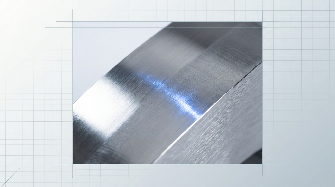 Close-up of polished metal surface with mirror-like reflectivity and fine machining marks, electric blue laser light reflecting at contact point, no pitting or surface damage visible.
