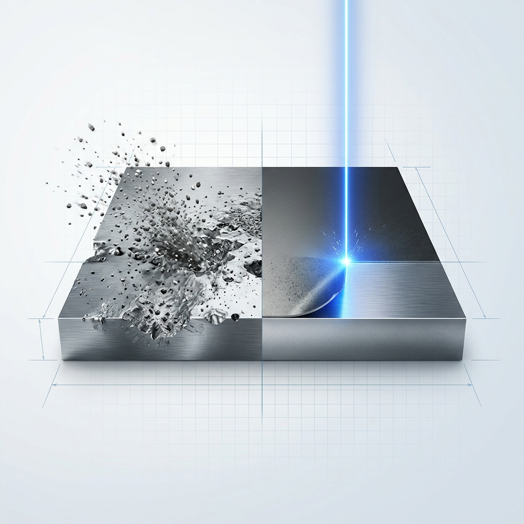 Split-composition showing abrasive blasting on the left with particles striking and pitting a metal surface, and laser ablation on the right with a focused electric blue beam cleanly removing only the contaminant layer while leaving the substrate intact.