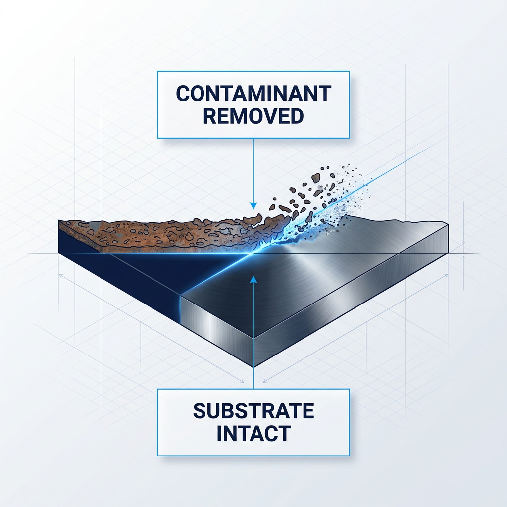 Cross-section diagram showing laser ablation threshold: contaminant particles lifting away with electric blue laser interaction at top, pristine substrate material intact below with sharp dividing line.