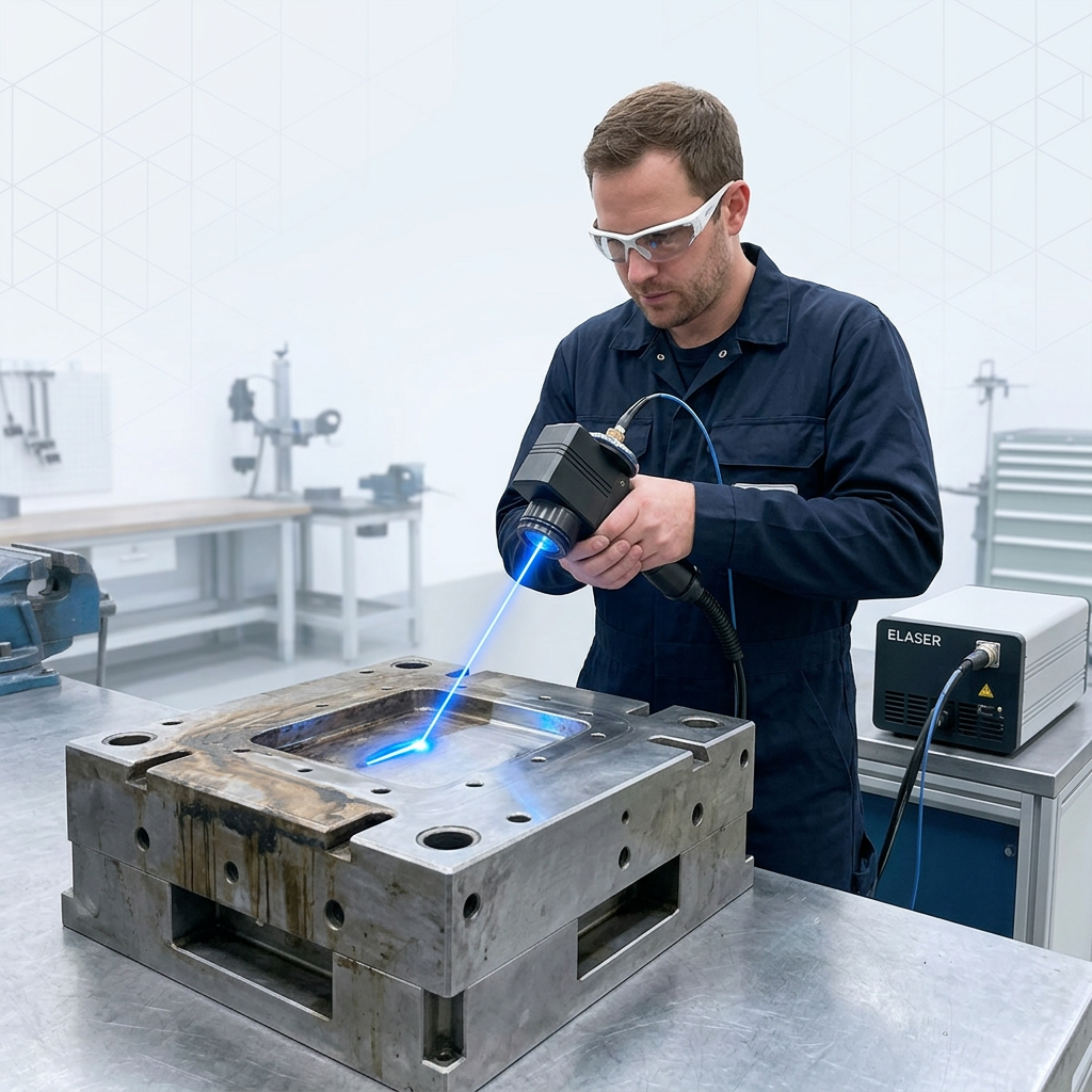 Operator in dark coveralls using handheld laser scanner on workbench, electric blue laser beam cleaning metal surface from oxidized to bare material, bright workshop with no dust or containment barriers.