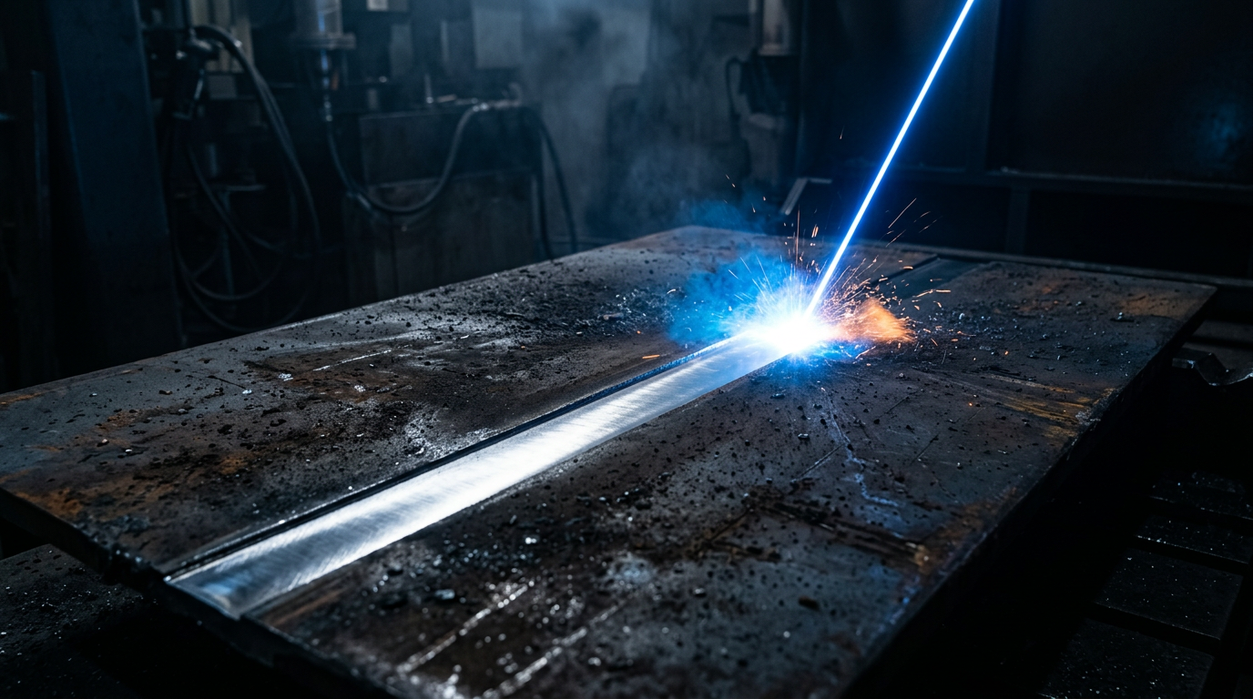Laser beam striking polished metal surface, creating bright electric blue glow at contact point with sharp clean line separating oxidized and bare metal.