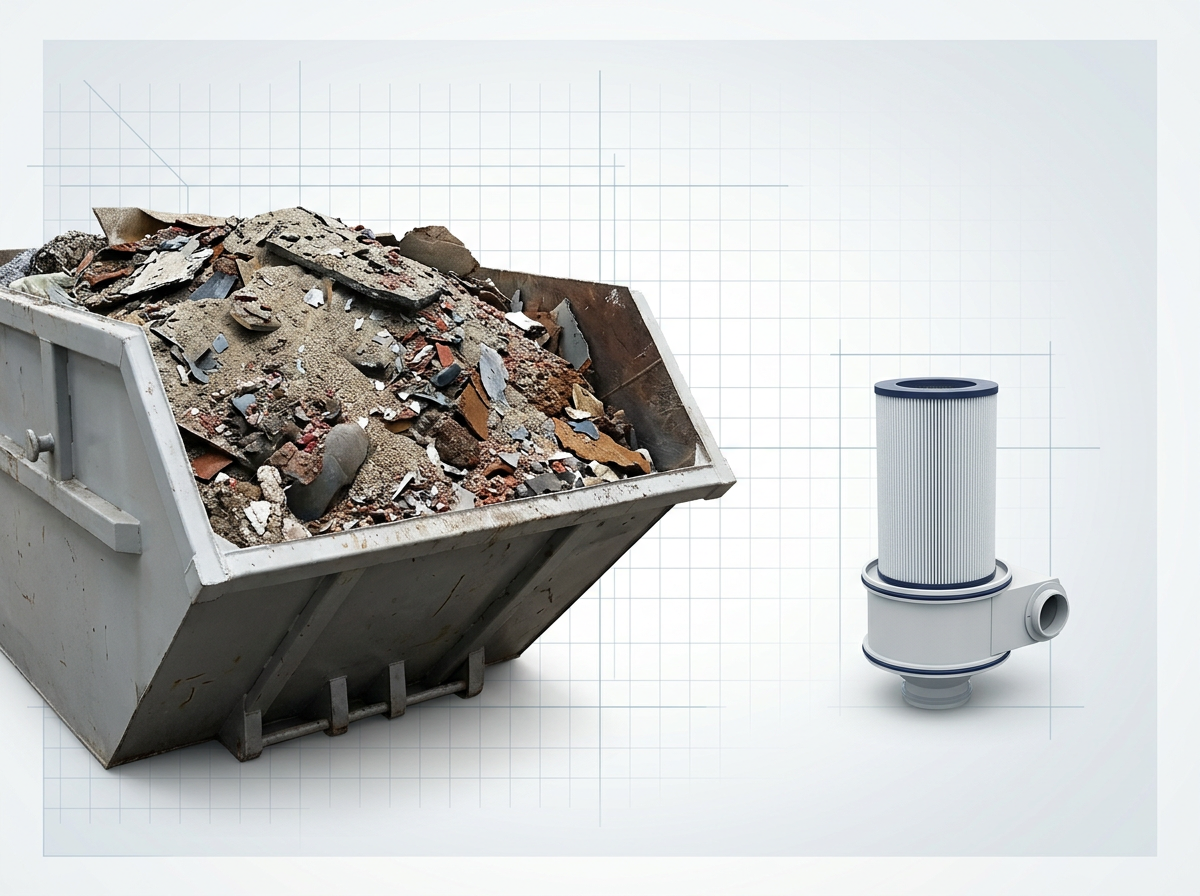 Industrial skip overflowing with spent abrasive blasting waste beside a compact extraction filter cartridge, demonstrating the volume reduction from laser cleaning waste management.