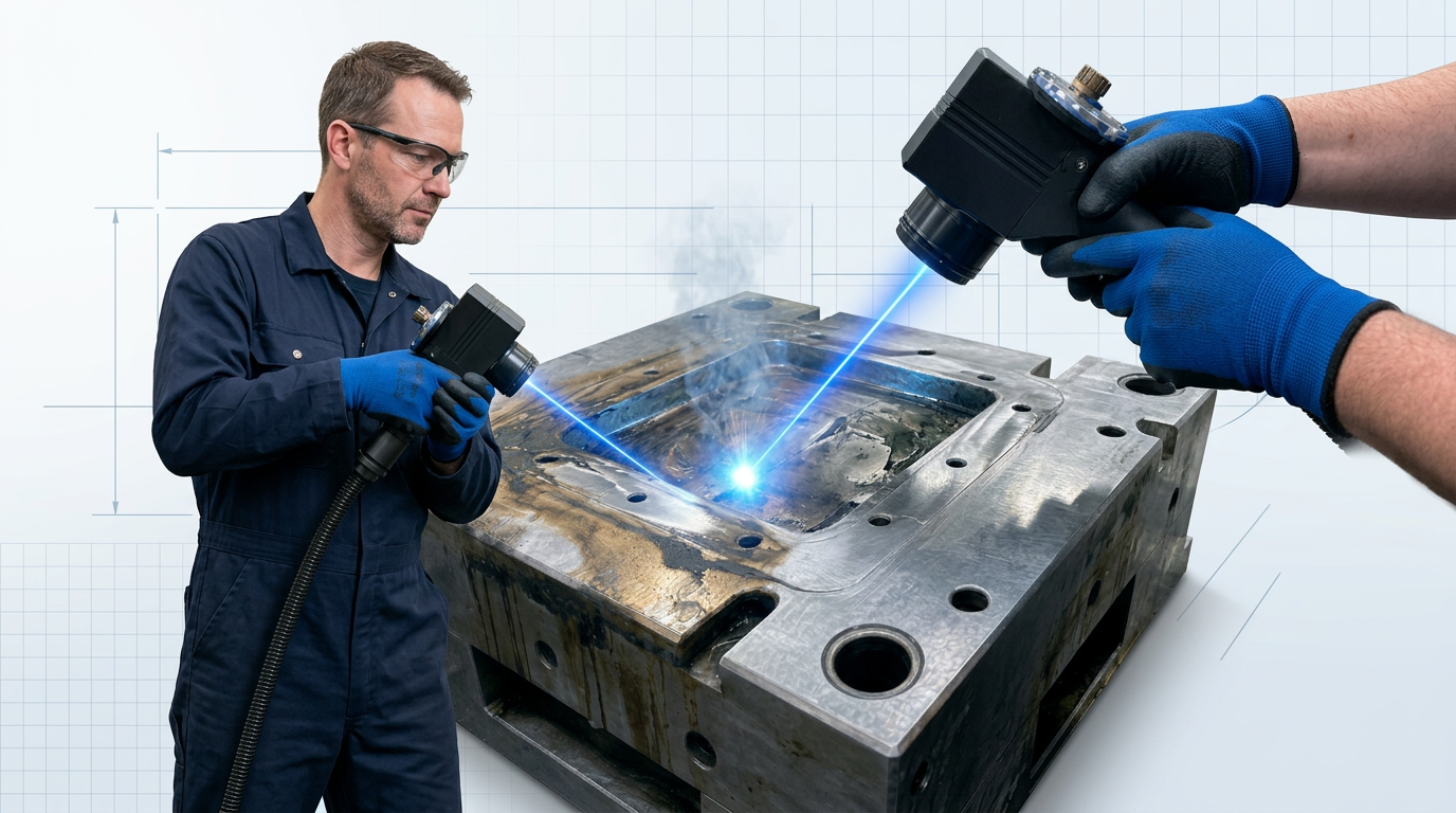 Technician in navy coveralls directs handheld ELASER scanner at rust-covered metal surface, with laser contact point glowing electric blue revealing clean bare metal beneath degraded paint and corrosion.