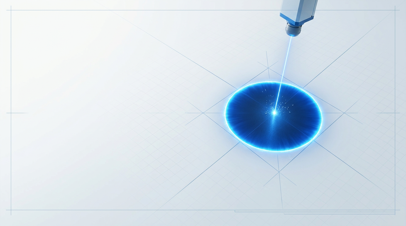 Compact illuminated hazard zone around a laser cleaning point, shown as a tightly contained circle of electric blue light against open surrounding space.