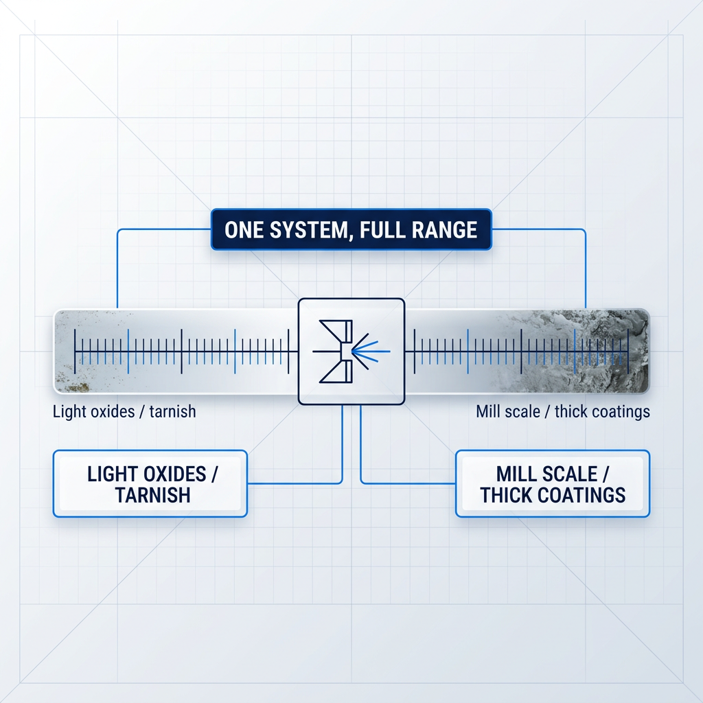 Power spectrum dial showing laser system capabilities from light oxides and tarnish on the left to mill scale and thick coatings on the right, with laser icon centered demonstrating full-range surface preparation.