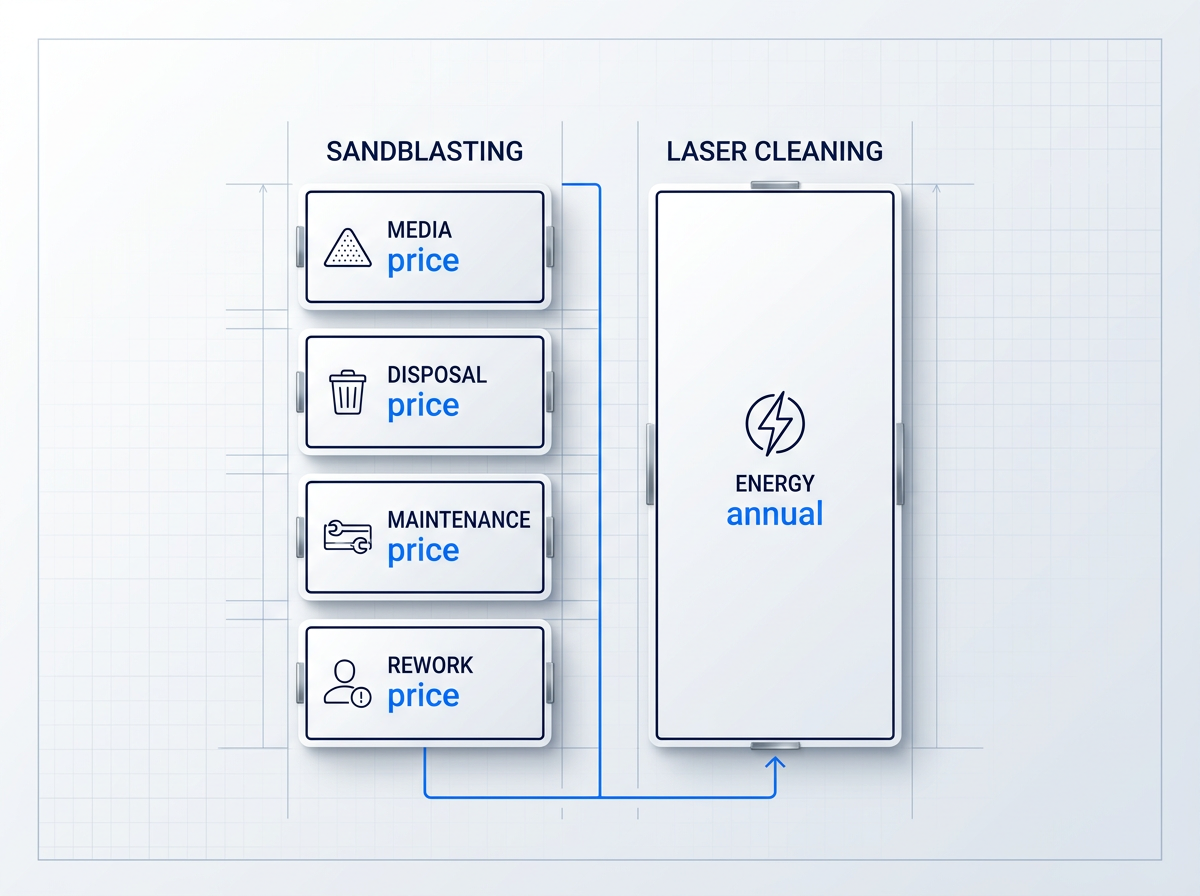 Cost comparison showing sandblasting with four recurring expenses (media, disposal, maintenance, rework) versus laser cleaning with single energy cost, using stacked containers and electric blue accent values.
