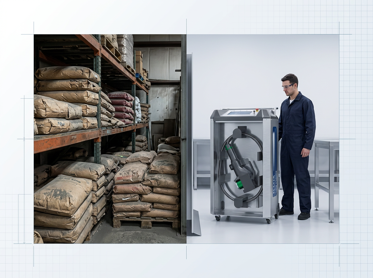 Split-scene comparison: left side shows stacked sacks of abrasive blasting media in cluttered warehouse storage; right side shows clean workshop with ELASER laser cleaning machine and technician in dark coveralls.