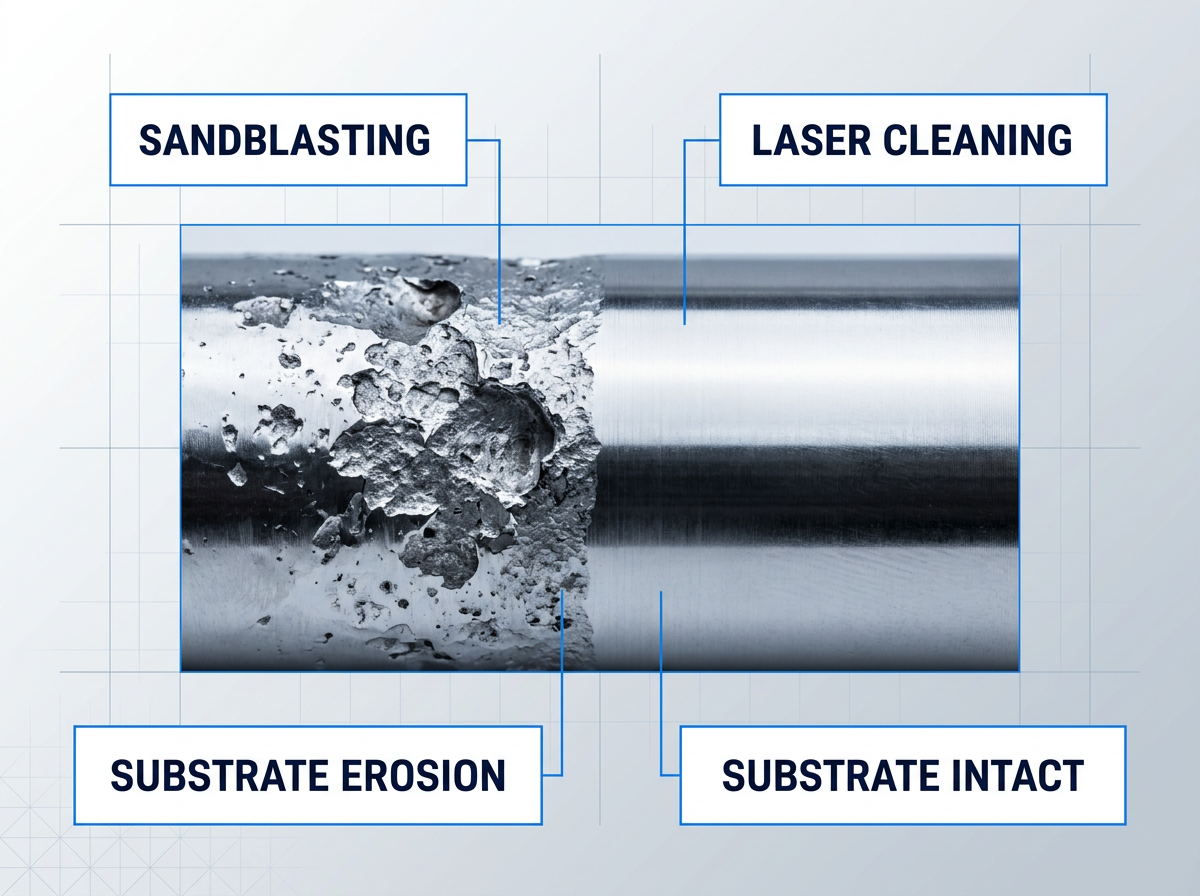 Macro comparison of two metal surfaces: left side shows pitted, eroded steel from sandblasting damage; right side shows smooth, intact metal from laser cleaning, with labels identifying each process and outcome.
