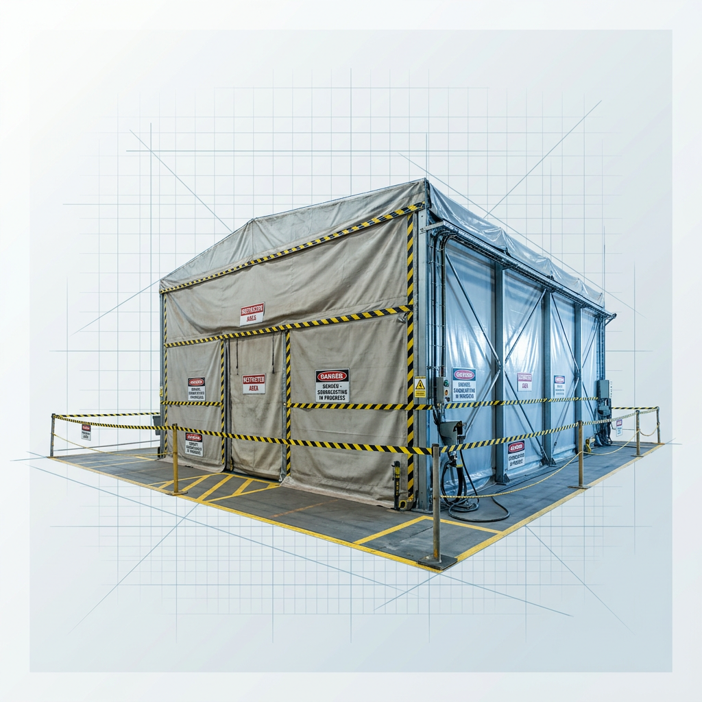 Industrial sandblasting containment tent with yellow and black warning tape, red danger signs, and marked restricted zones surrounding the enclosure in a workshop.