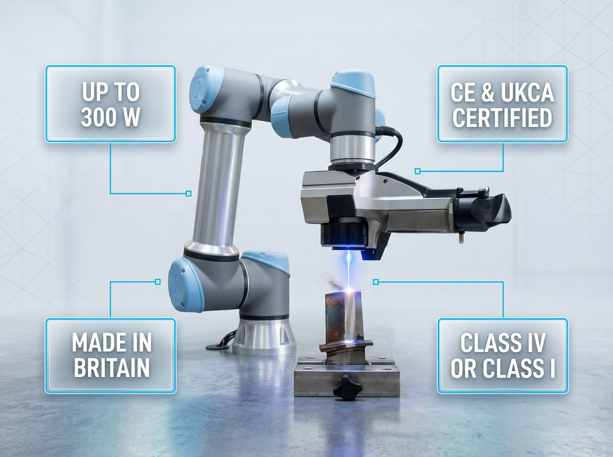 AutoLASE robotic arm with laser cleaning head directed at a metallic component in a bright production facility, showing before/after surface cleaning with electric blue laser contact point and four specification badges.
