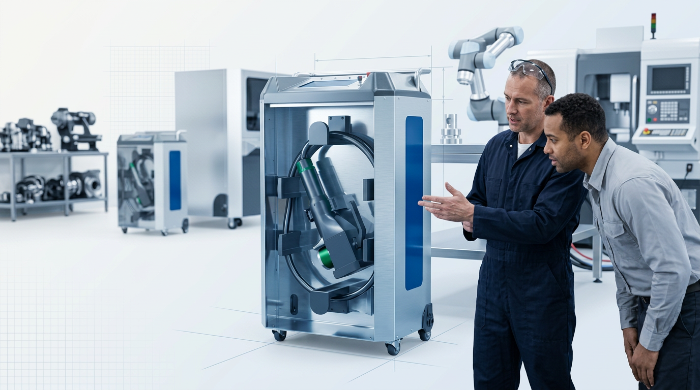 Two engineers in a modern workshop discussing laser cleaning technology beside an ELASER machine, one gesturing toward the equipment while the other listens attentively.