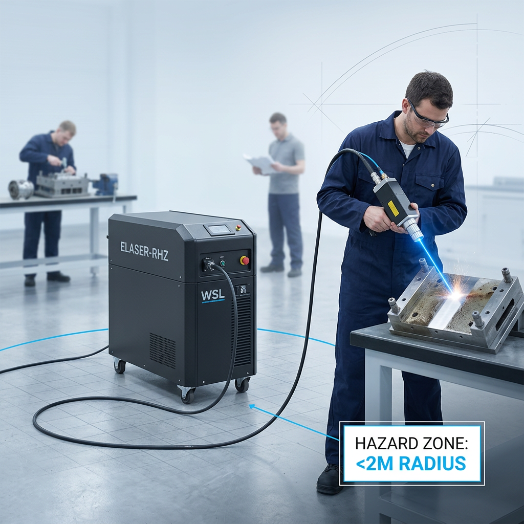 ELASER-RHZ laser cleaning machine in active use within a bright industrial workshop, with operator using scanner head on metal component and other workers visible in background, demonstrating reduced hazard zone technology enabling cleaning in open facilities.