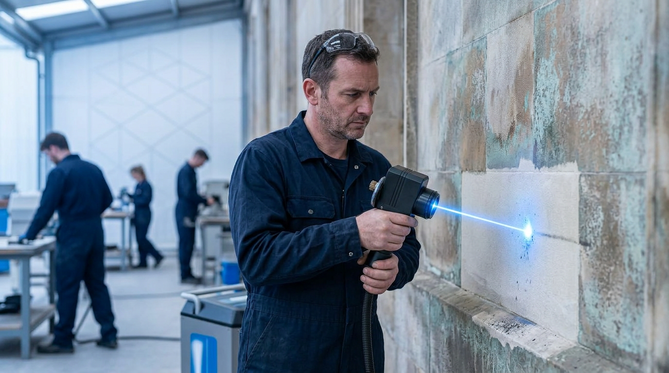 Technician holding ELASER-RHZ laser scanner directed at weathered heritage stone surface, with bright electric blue laser beam visible at contact point showing cleaned bare stone contrasting with surrounding patina, workshop activity and other workers visible in background.