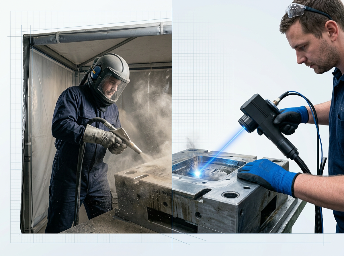 Split-screen comparison: sandblasting operator in full PPE inside containment tent with visible dust hazard on left; laser cleaning operator in standard workwear using handheld laser scanner in open workshop on right.