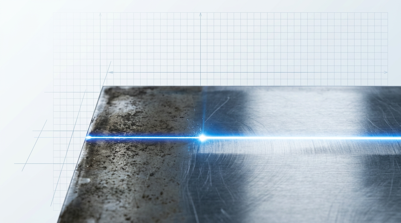 Polished steel work surface with a focused laser beam creating a bright electric blue line across it, revealing clean bare metal where the beam passes while surrounding areas remain oxidized.