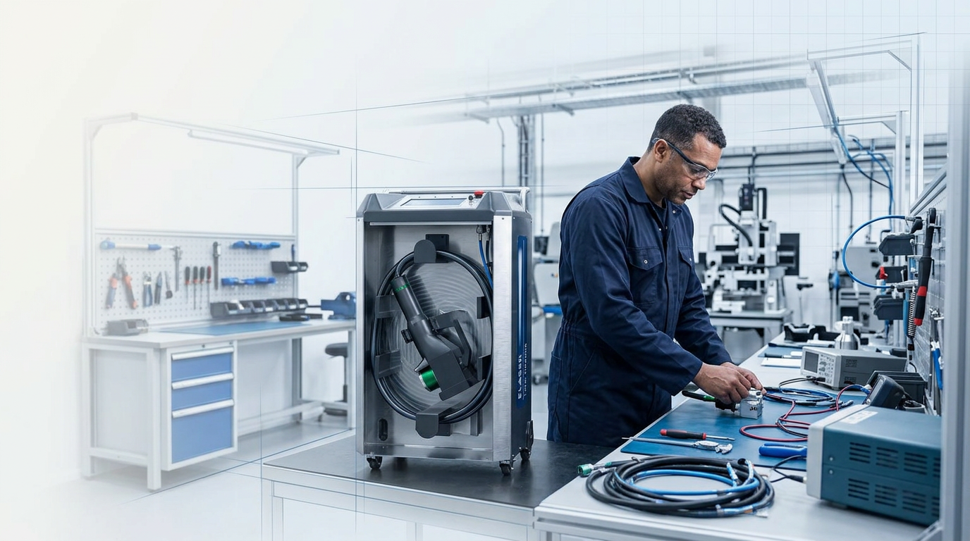 Engineer in navy coveralls focused on assembling ELASER laser cleaning system component at organized manufacturing bench, with tools and precision equipment visible in bright technical workspace.