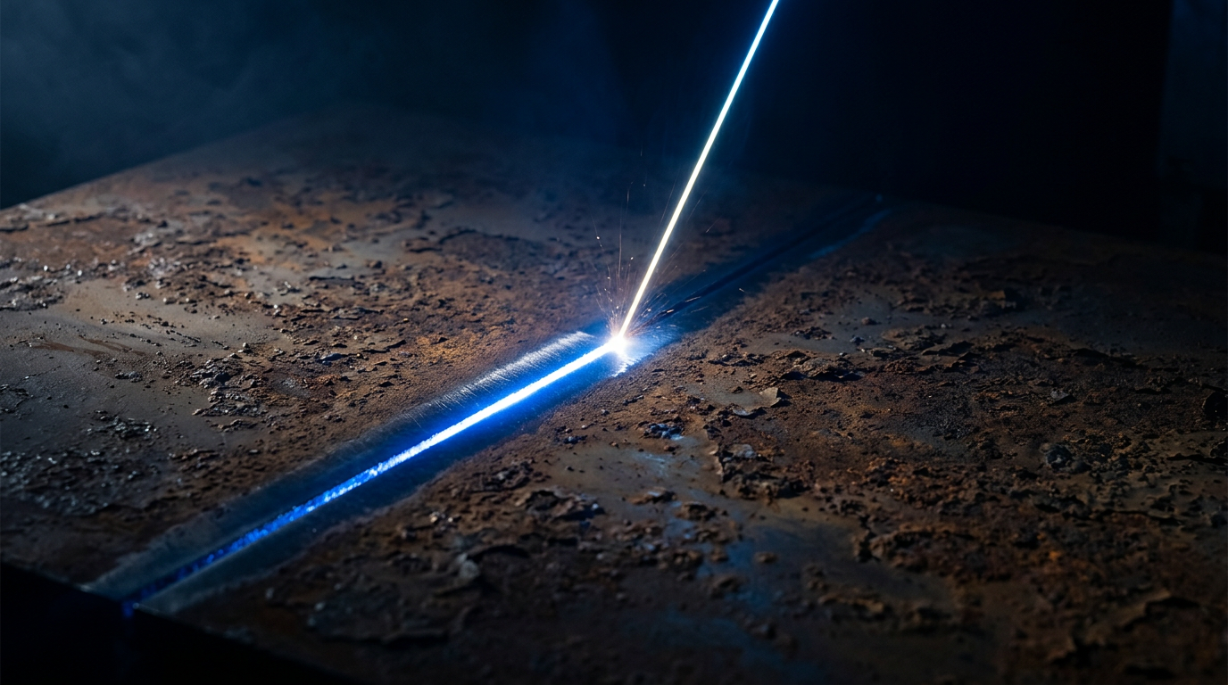 Laser beam striking corroded steel surface, revealing bright bare metal at contact point against dark industrial background