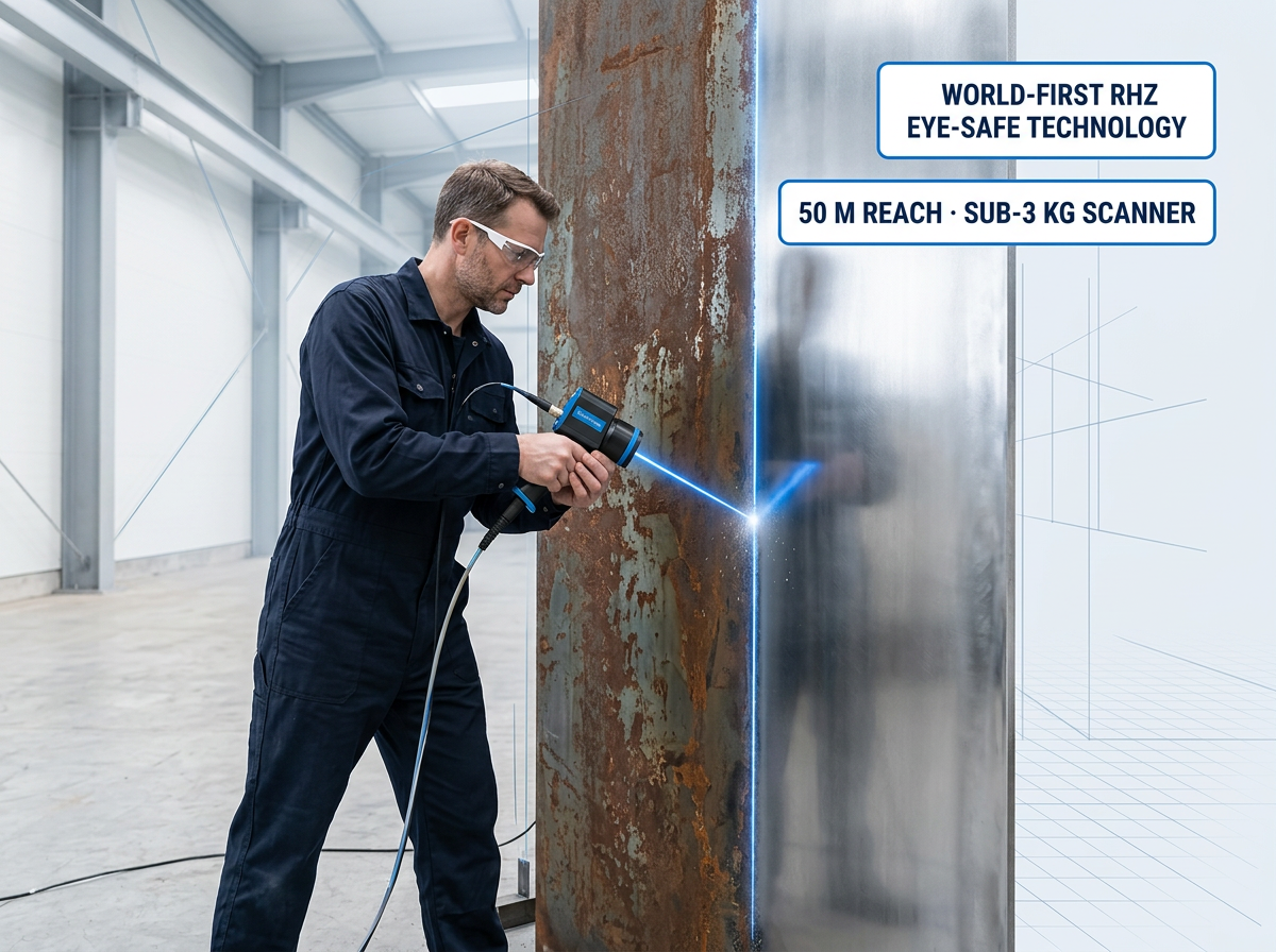 Industrial operator in navy coveralls holding compact laser scanner directed at steel surface, with stark division between rusted left side and freshly cleaned reflective right side, electric blue laser line visible at separation point.