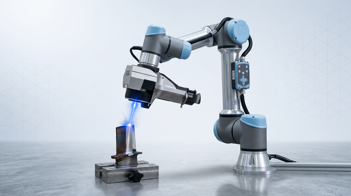 Multi-axis robotic arm with laser cleaning head processing a complex 3D component in a bright production facility, electric blue laser visible at the contact point showing surface cleaning.