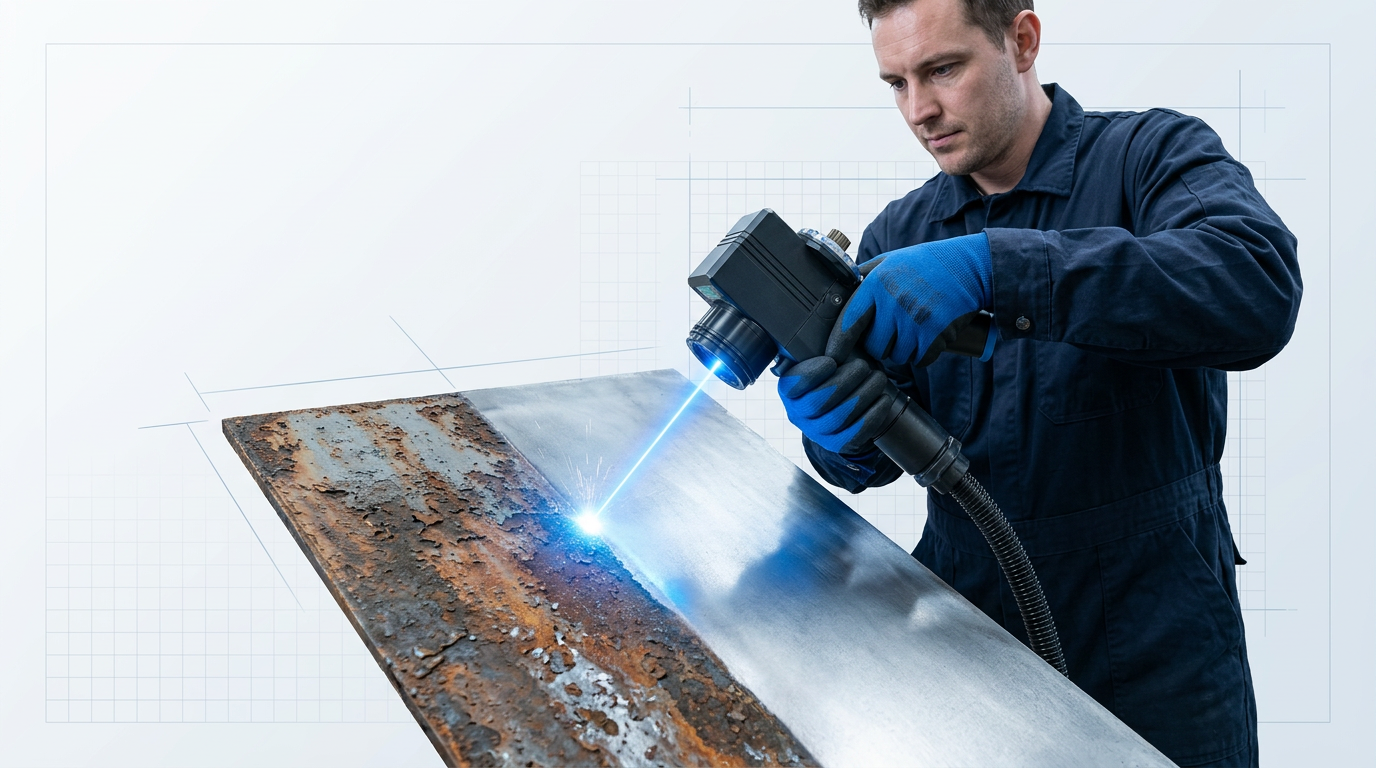 Engineer using handheld laser scanner to clean rusted steel surface, revealing bright bare metal along a sharp dividing line where contamination has been ablated away.