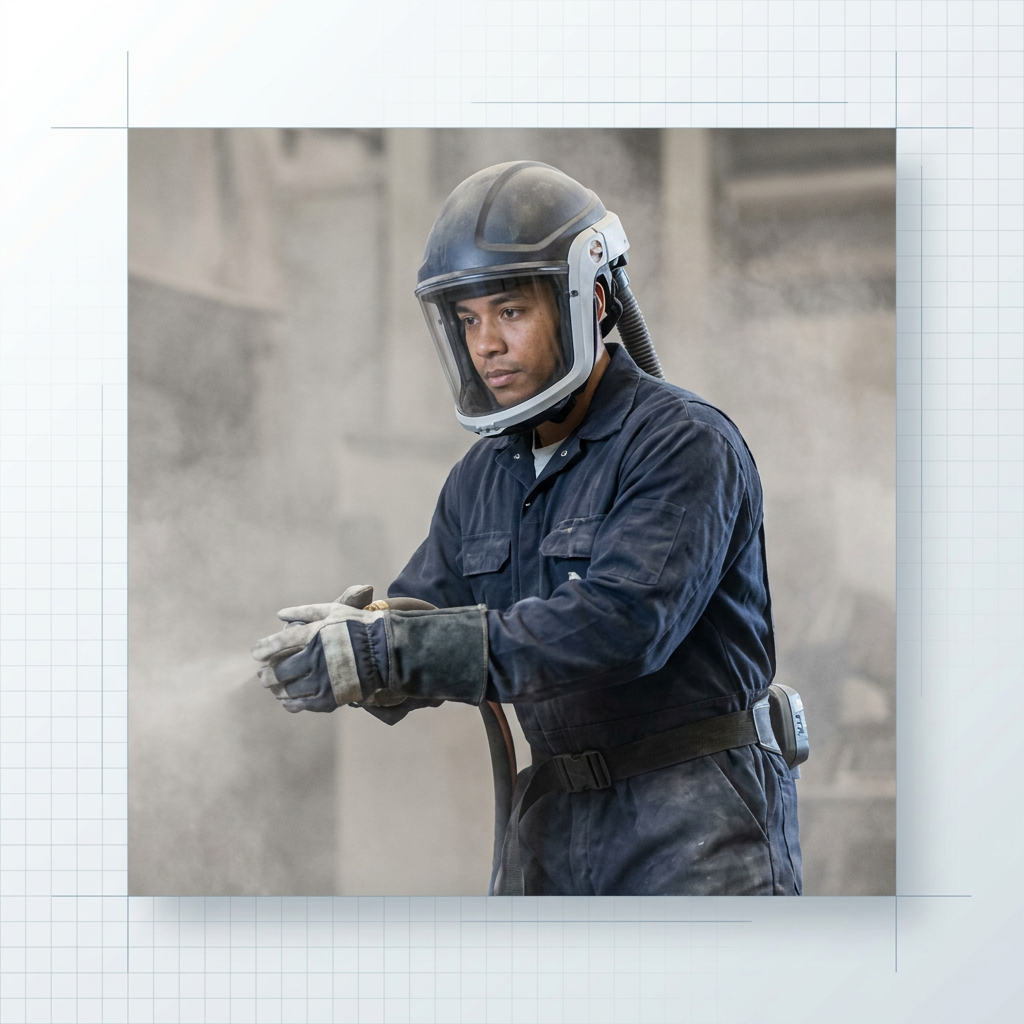 Sandblasting operator in full protective equipment—air-fed blast helmet, dark coveralls, and gloves—working in a visibly dusty industrial environment with airborne silica particles.