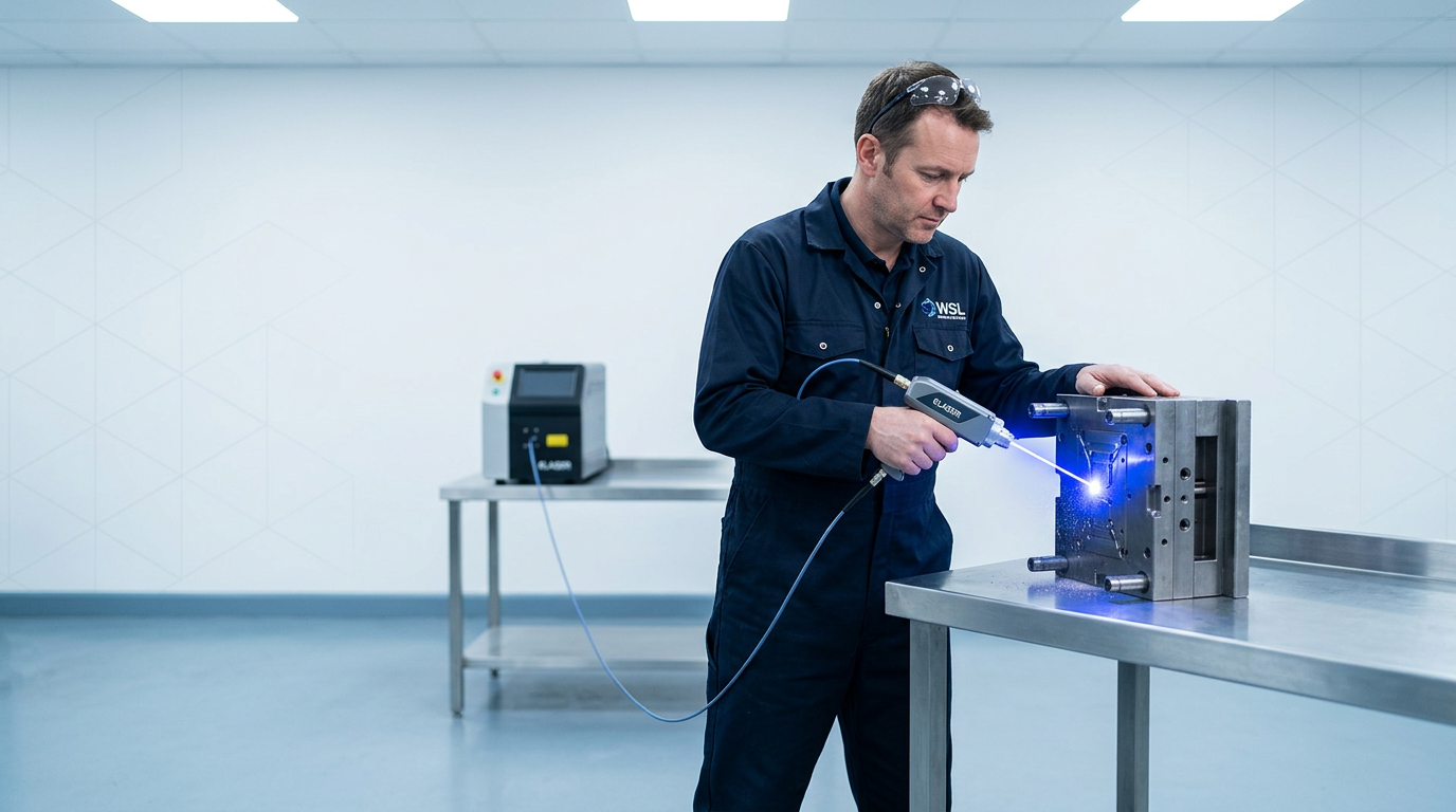 British engineer in navy coveralls operating ELASER laser scanner on injection mould, with electric blue laser contact point visible on metal surface and ELASER machine in background