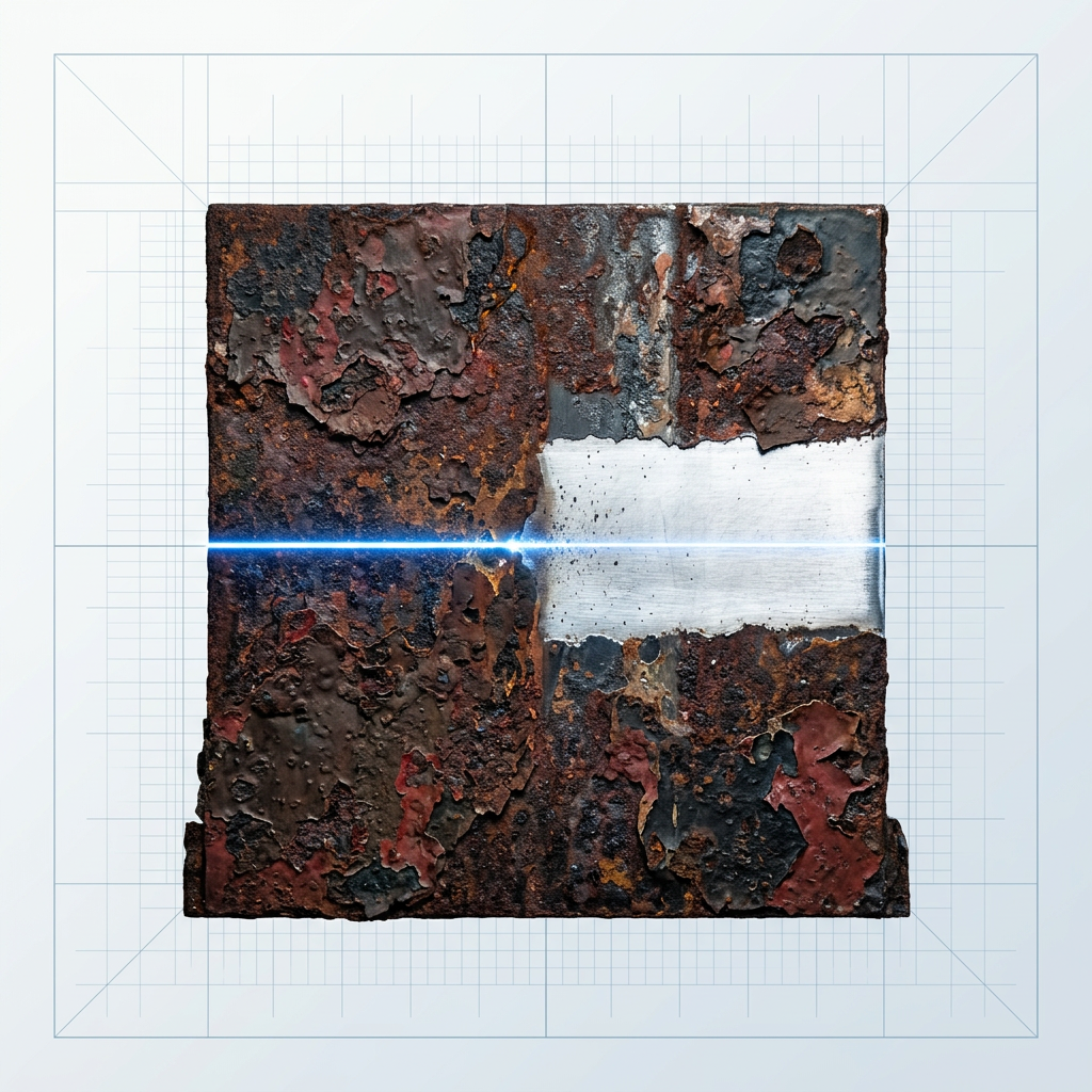Close-up of corroded and paint-covered steel surface with a laser beam passing horizontally across the center, revealing bright bare metal where ablation has removed rust, paint, and mill scale.