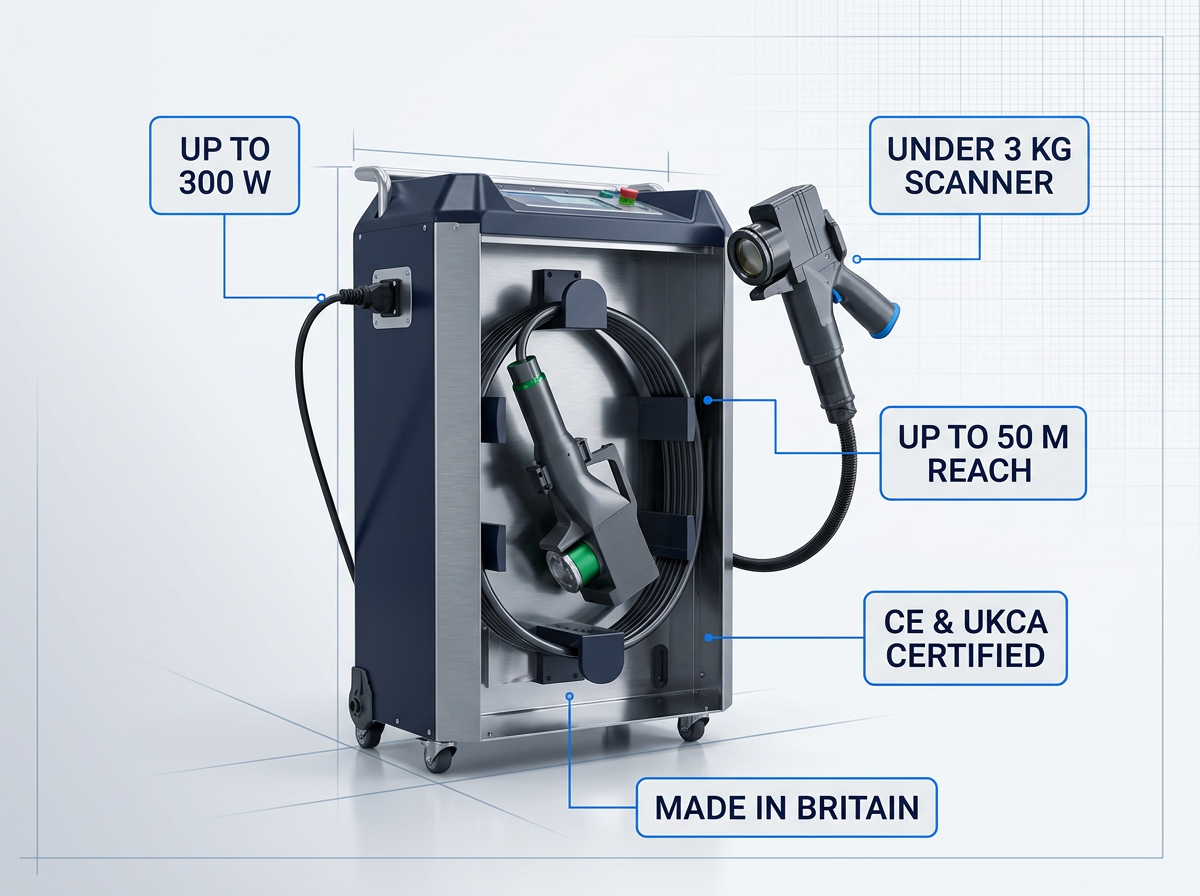 ELASER portable laser cleaning system with wheeled base and handheld scanner, annotated with specification badges showing power output, scanner weight, cable reach, and certifications.
