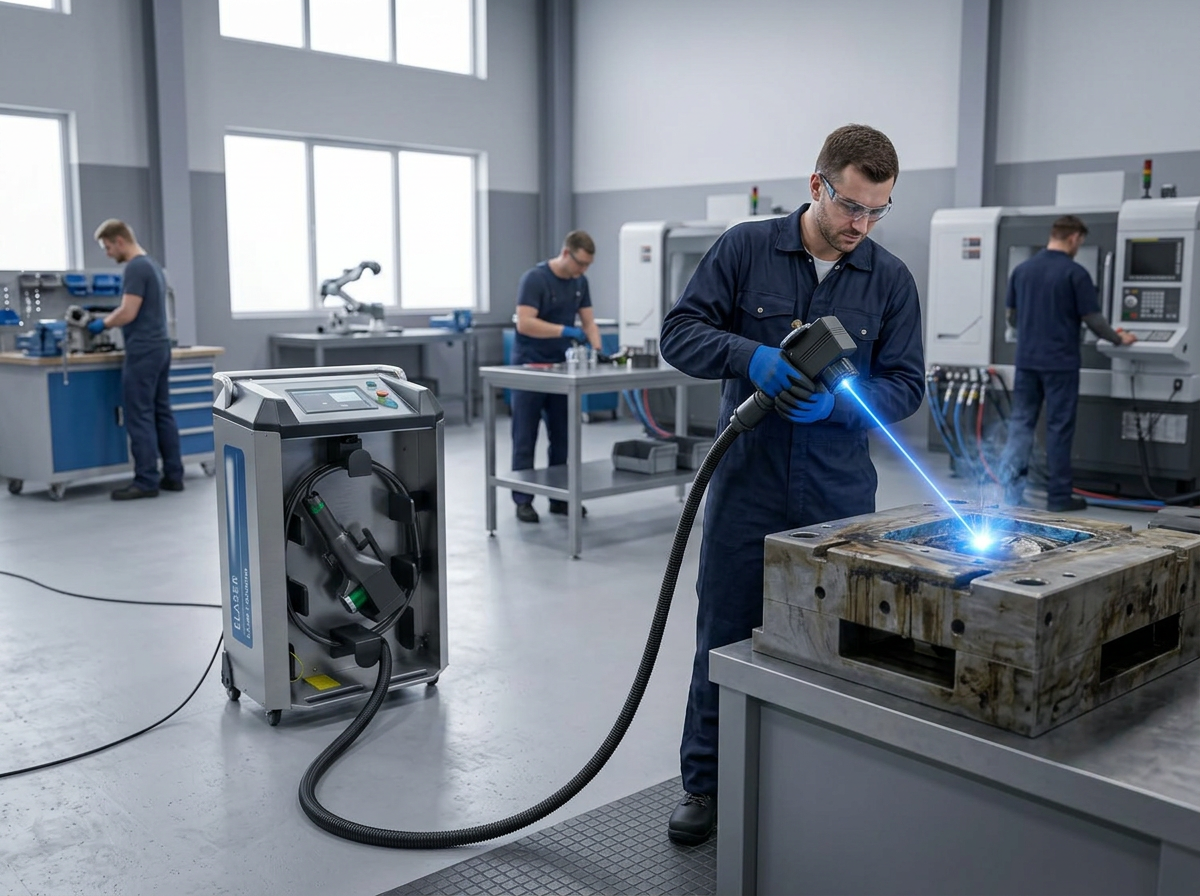 Industrial workshop with ELASER-RHZ laser cleaning machine in active use. Technician operates extended fiber cable and scanner head directed at a component on a work surface, with bright electric blue laser beam visible at the contact point. Multiple workers continue tasks in the background at workbenches without barriers or evacuation zones.