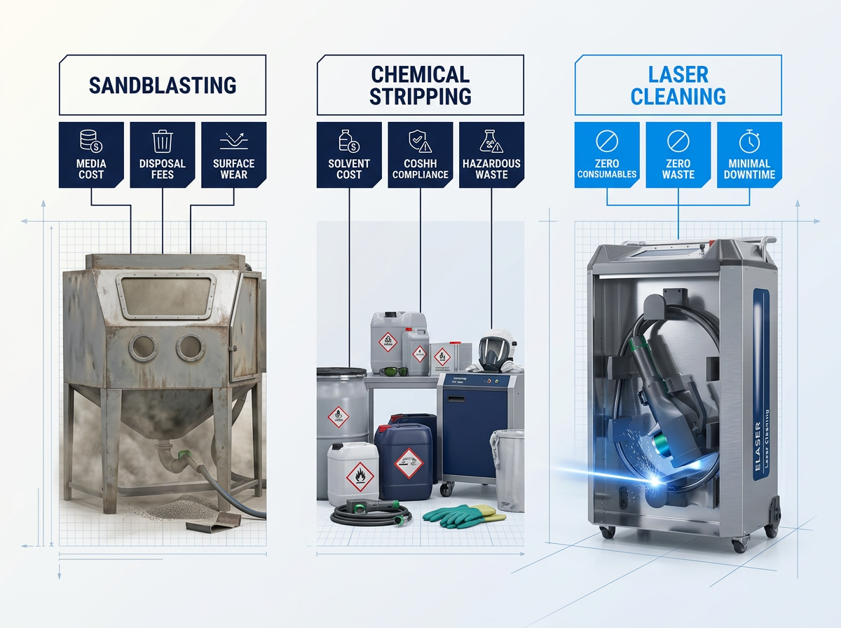 Three-column TCO comparison showing sandblasting, chemical stripping, and laser cleaning methods. Laser column features ELASER machine with electric blue beam, labeled with zero consumables, zero waste, and minimal downtime badges. Left columns show dusty abrasive media and hazardous chemical containers with associated cost indicators.