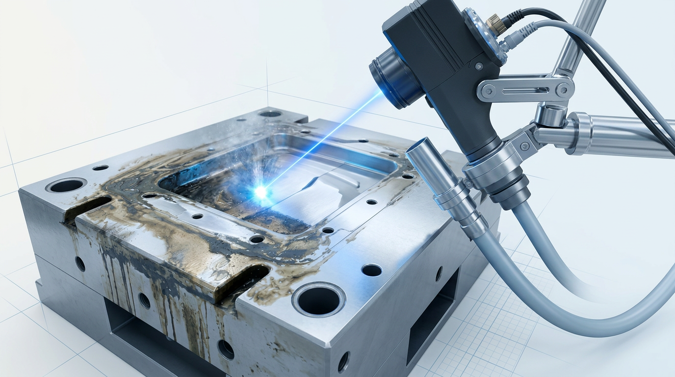 Laser scanner head with fume extraction nozzle positioned above a metal surface during cleaning operation, showing electric blue ablation point and stark before-after contrast on the material.