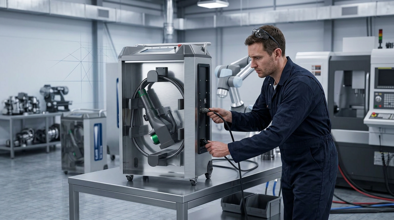British technician in navy coveralls assembling laser cleaning machine on stainless steel workbench in bright industrial workshop with precision tools visible in background
