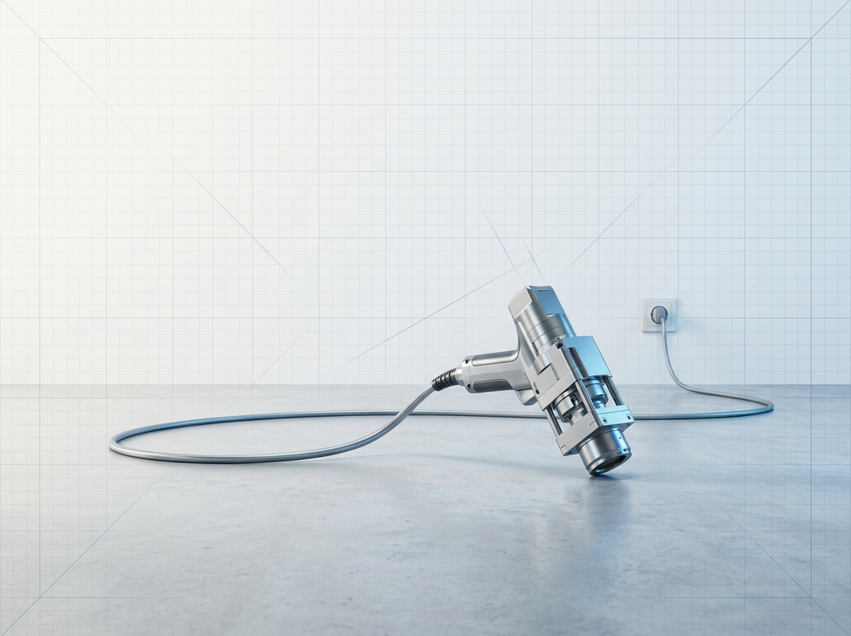 Clean industrial workspace with ELASER-RHZ laser scanner handpiece and fiber cable on polished floor, connected to a standard wall power socket — no abrasive media, solvents, or water infrastructure present.