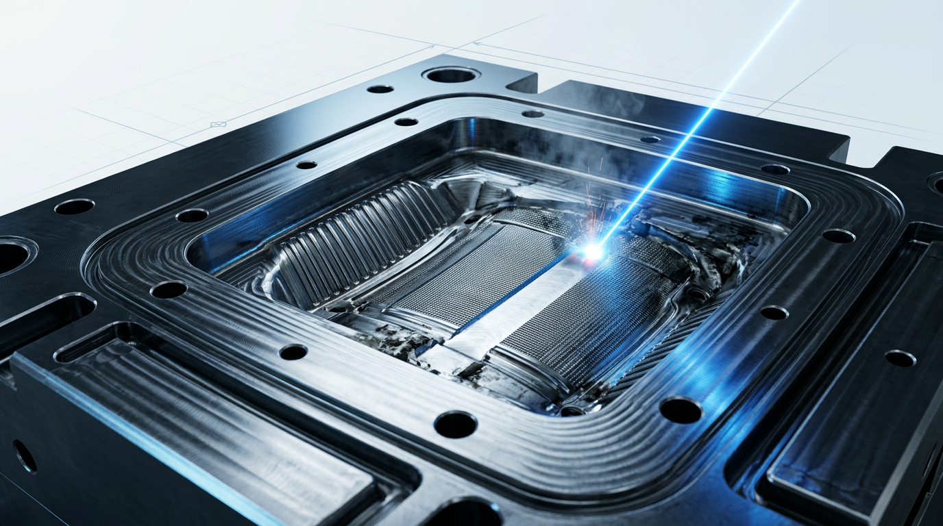 Close-up of precision injection mould cavity with complex ribbed geometry and machined surfaces, electric blue laser beam actively cleaning the textured steel surface with visible ablation at the contact point.