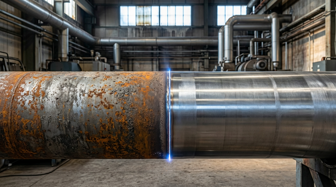 Heavy steel industrial pipe with stark contrast between rust-covered left side and pristine cleaned right side, divided by a laser cleaning line with electric blue glow.