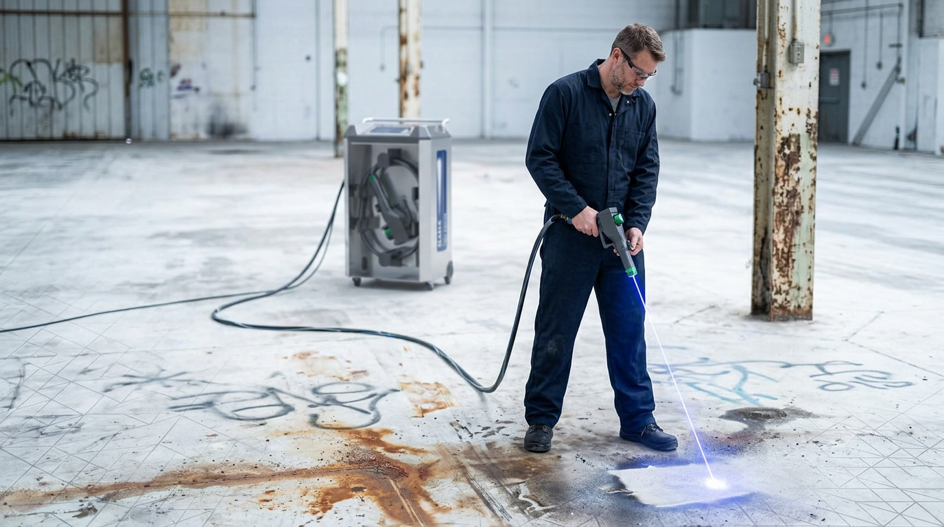 Technician in dark coveralls operating portable ELASER laser cleaning unit on contaminated concrete surface, with wheeled machine and extended fiber cable visible in background.