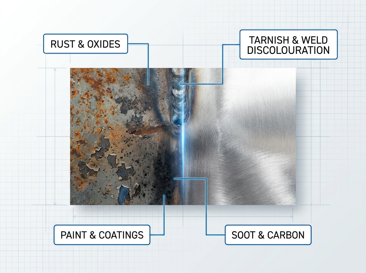 Split-view metal surface showing rust, paint, soot, and weld discolouration on left half; clean bare steel on right half with electric blue laser boundary line and four labeled contaminant categories.