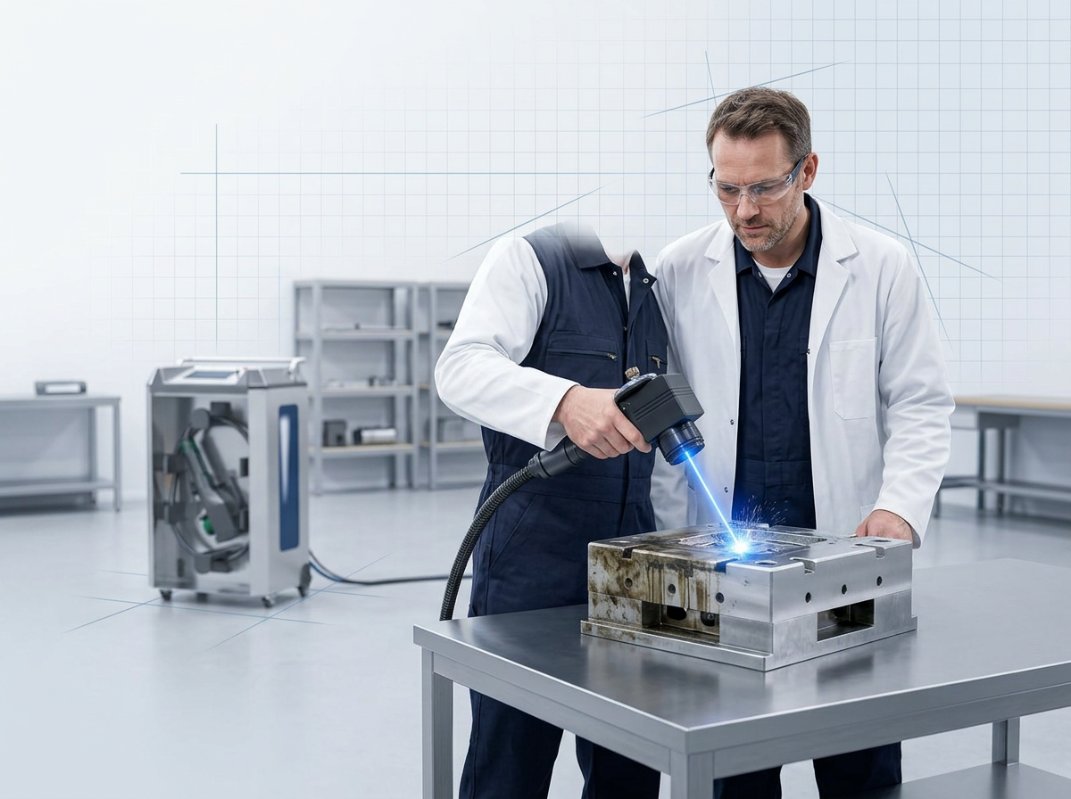 Engineer in navy coveralls and lab coat operating ELASER-RHZ laser scanner on contaminated metal surface, with electric blue laser beam visible cleaning the workpiece and ELASER machine in background.