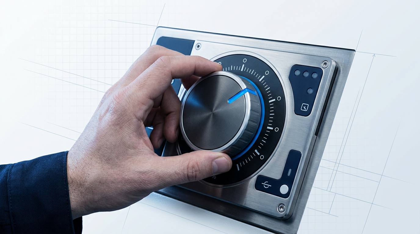 Close-up of a laser system control panel with a rotary dial showing 0-100 power percentage scale. An engineer's hand adjusts the dial pointer positioned at 65 percent, with brushed steel casing and LED indicators visible in the background.