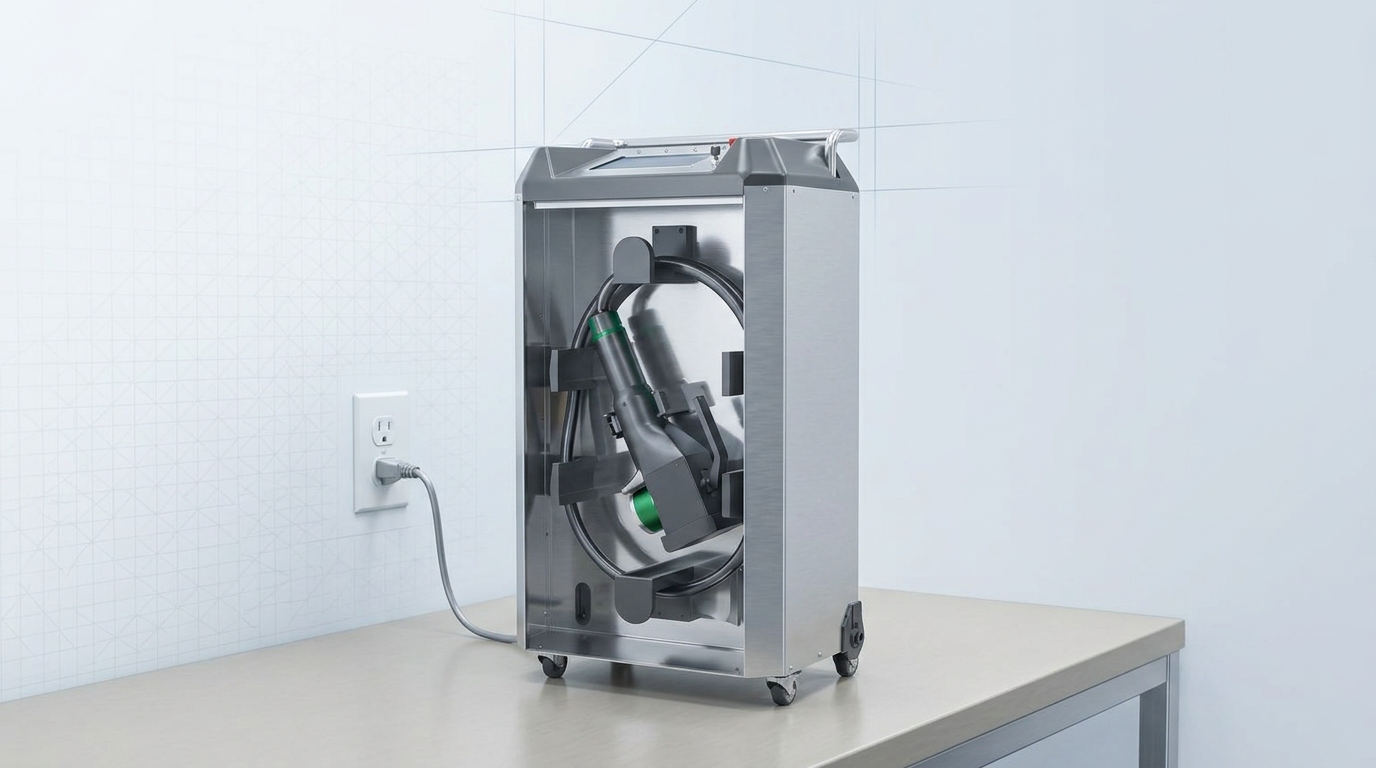 Compact laser cleaning unit positioned on a workshop surface, connected to a standard wall power outlet, demonstrating plug-and-operate setup in a bright, clean industrial workspace.