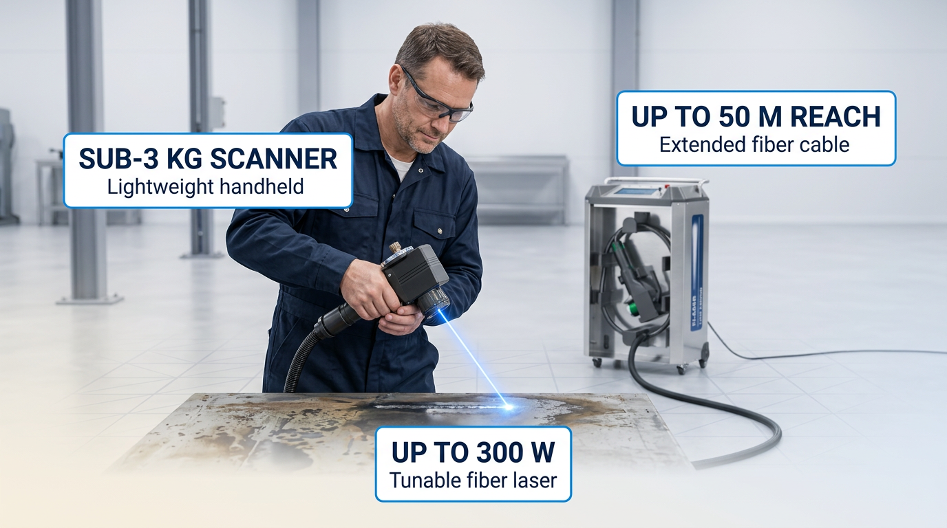 Industrial operator in navy coveralls holding ELASER handheld laser scanner directed at contaminated metal surface with electric blue laser contact point. Wheeled ELASER main unit visible in background with extended fiber cable. Three specification callouts displayed: Sub-3 kg scanner, Up to 50 m reach, Up to 300 W.