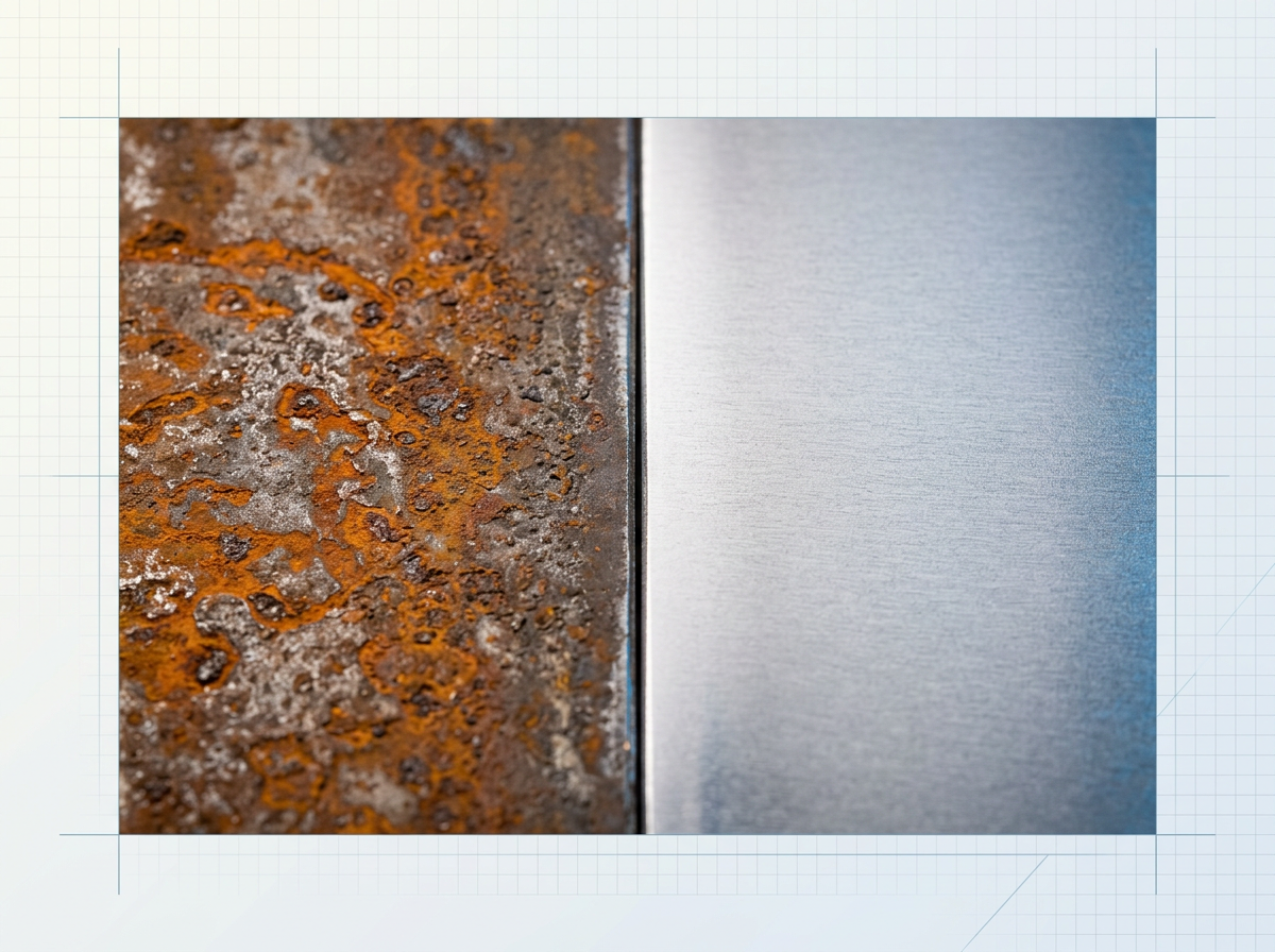 Macro close-up of metal surface split vertically: left side shows rust and mill scale contamination with rough pitted texture; right side reveals pristine bare metal with intact original surface texture and reflective finish.
