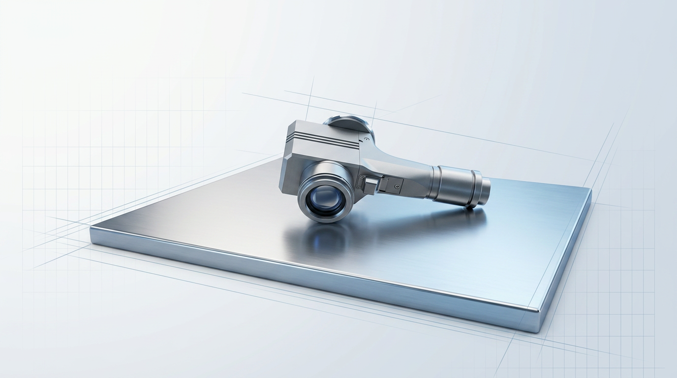 Laser cleaning handpiece resting on polished stainless steel surface in bright industrial workspace with light grey gradient background and faint technical grid pattern.