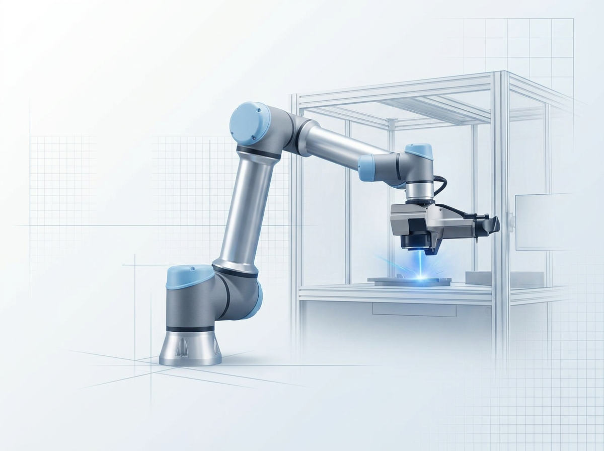 AutoLASE robotic arm with laser cleaning head mounted in production cell enclosure, positioned in working posture with articulated joints and scanning optics clearly visible.