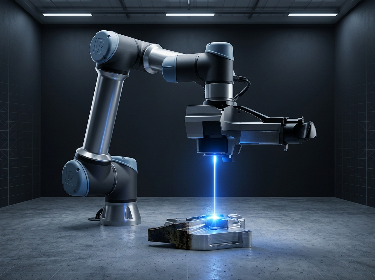 Multi-axis robotic arm with laser cleaning head positioned over a complex metal component in a dark industrial production cell, with bright electric blue laser beam ablating surface stains.