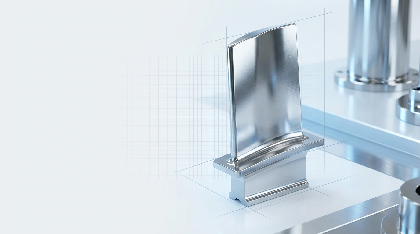 Polished turbine blade with mirror-like metallic surface positioned at angle in bright industrial aerospace workshop, showing exacting surface quality and tight manufacturing tolerances.