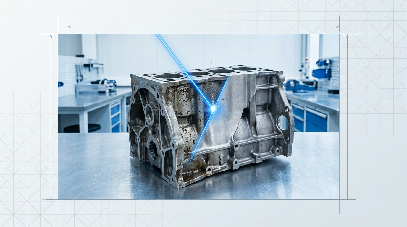 Automotive production line with metallic car body panel undergoing laser surface preparation, showing stark contrast between degraded and cleaned material with electric blue laser glow at contact point.