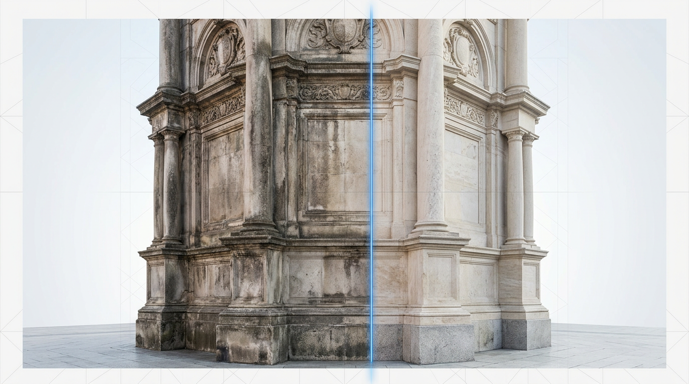 Historic stone monument facade in daylight plaza with vertical division: left side weathered and stained dark, right side freshly cleaned revealing pale original stone surface with electric blue glow marking the restoration boundary.