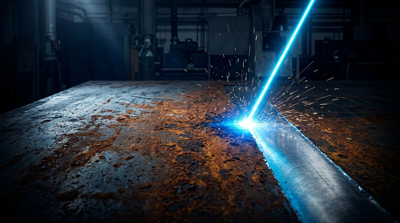 Laser beam striking heavily rust-stained steel surface, contact point glowing electric blue with clean bare metal revealed beneath oxidation.
